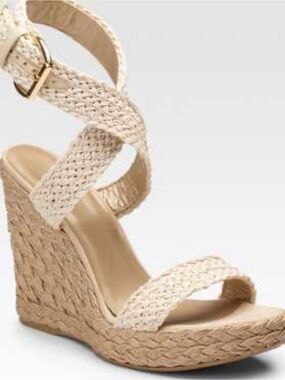 Stuart Weitzman Alex Braided Cream Espadrille Wedge Sandals